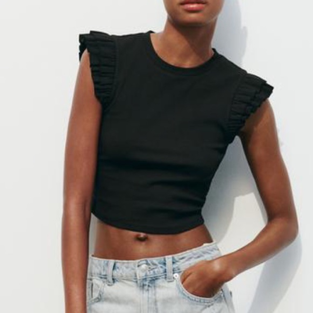 Zara black ruffle sleeve tank top crop top ribbed knit shirt size M